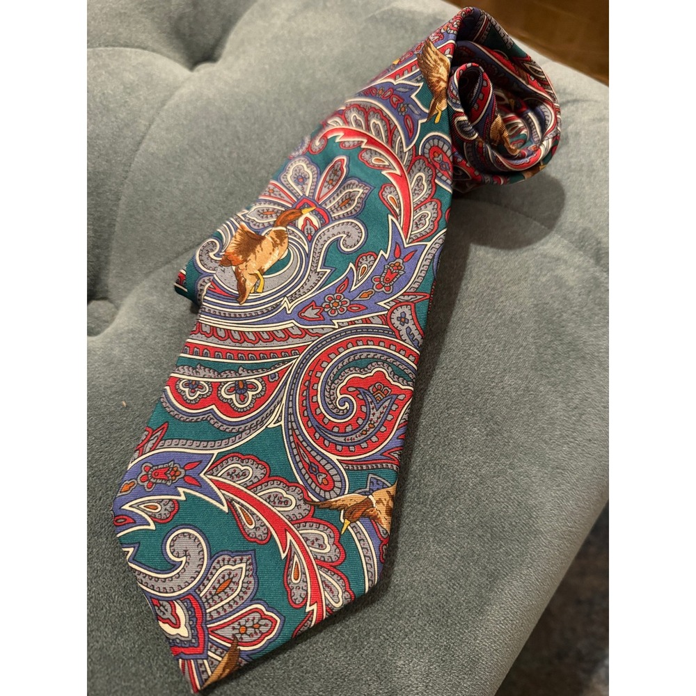 Brooks Brothers Makers Mens Silk Tie Paisley Mallard Duck Teal Red Made in USA